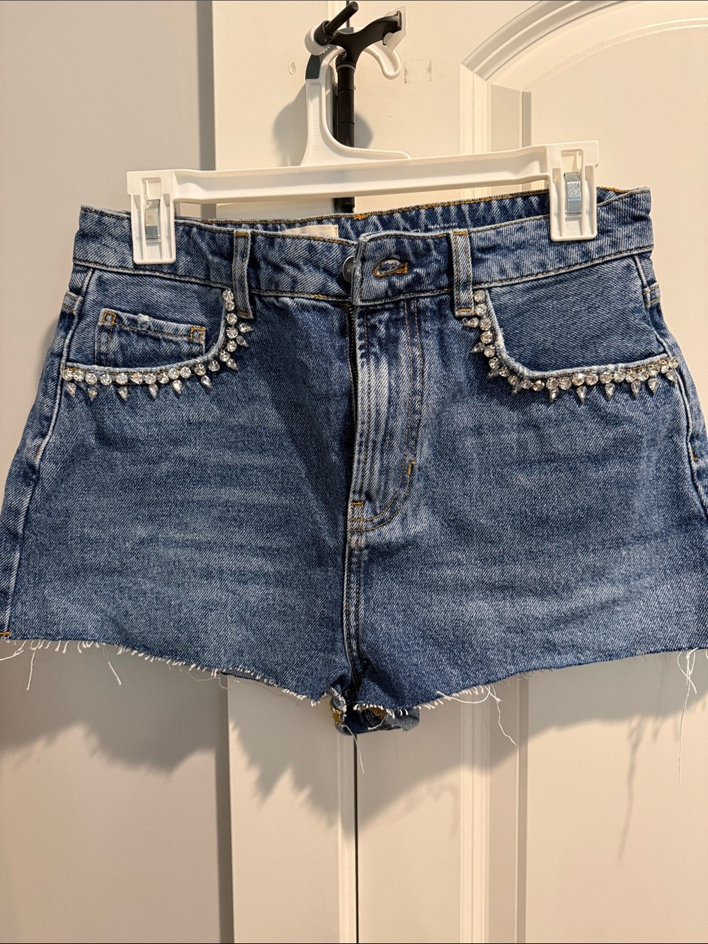 Pilcro Blue Denim Shorts with Rhinestone Pocket Trim